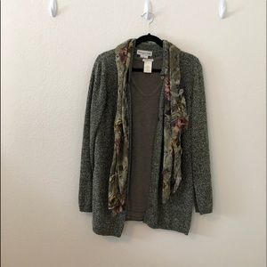 Cardigan, scarf, t-shirt combo